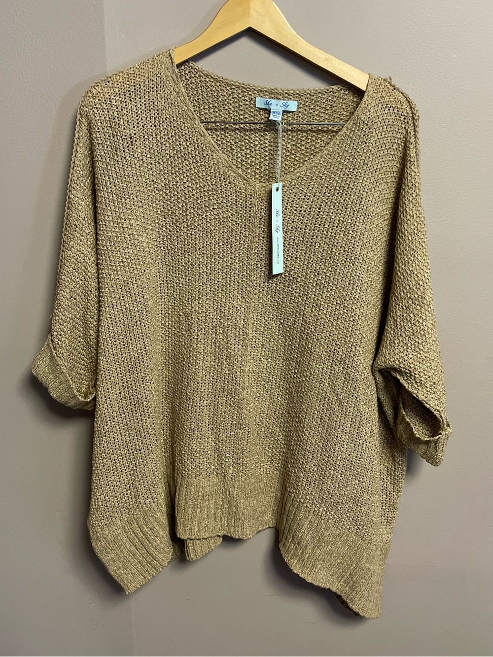 She + Sky Open Weave V-Neck Sweater in Tan. One Size